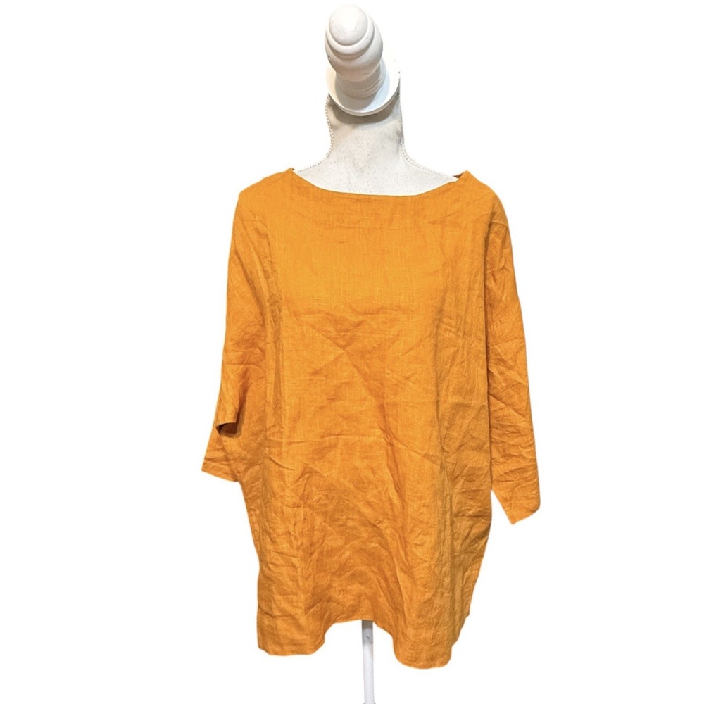 Bryn Walker Mustard Yellow 100% Linen Oversized Boxy Top Size Small Lagenlook